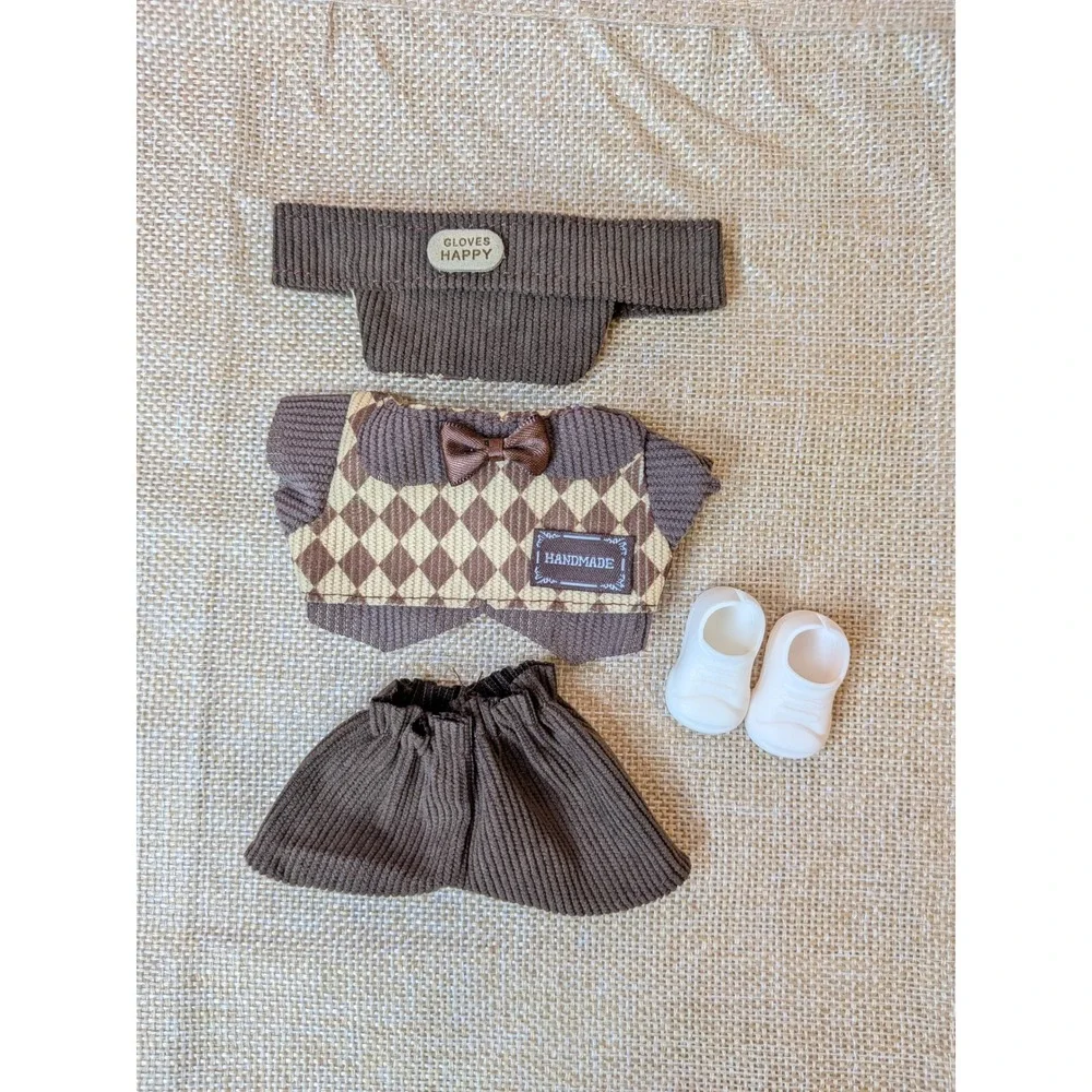 Clothes for Labubu - Plaid Brown Romper, Top, Hat, Shoes 4 Pc Outfit NO DOLL